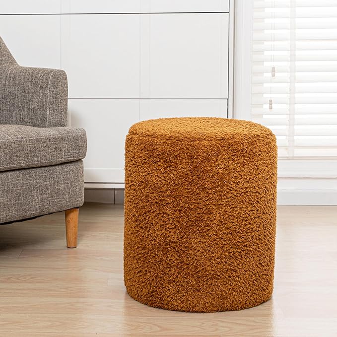 Round Ottoman Soft Chair 14.6x14.6x18 Inches Boucle Ottoman Multifunctional Vanity Chairs for Makeup Fluffy Fur Ottoman Stool Pouf Footrest Stool for Living Room Bedroom (Coffee)