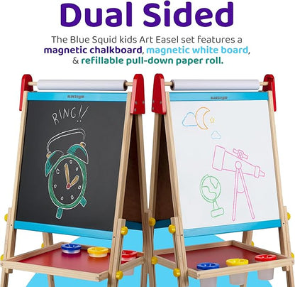Blue Squid Art Easel for Kids - Dual-Sided Adjustable Wooden Painting Easels, Gift for Toddlers and Kid - with Magnetic Chalk Board, White Board & Paper Roll, (Multicolor +100 Accessories, Premium)