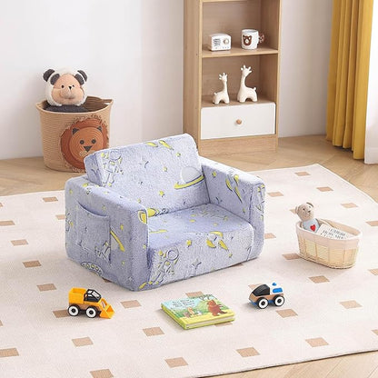 Tiita Kids Sofa, 2-in-1 Kids Sofa Chair, Convertible Children Couch to Lounger, Flip Out Kids Sofa Chair, Toddler Armrest Chair Bed, Folding Kids Play Sofa for Girl or Boy(Blue Astronauts)