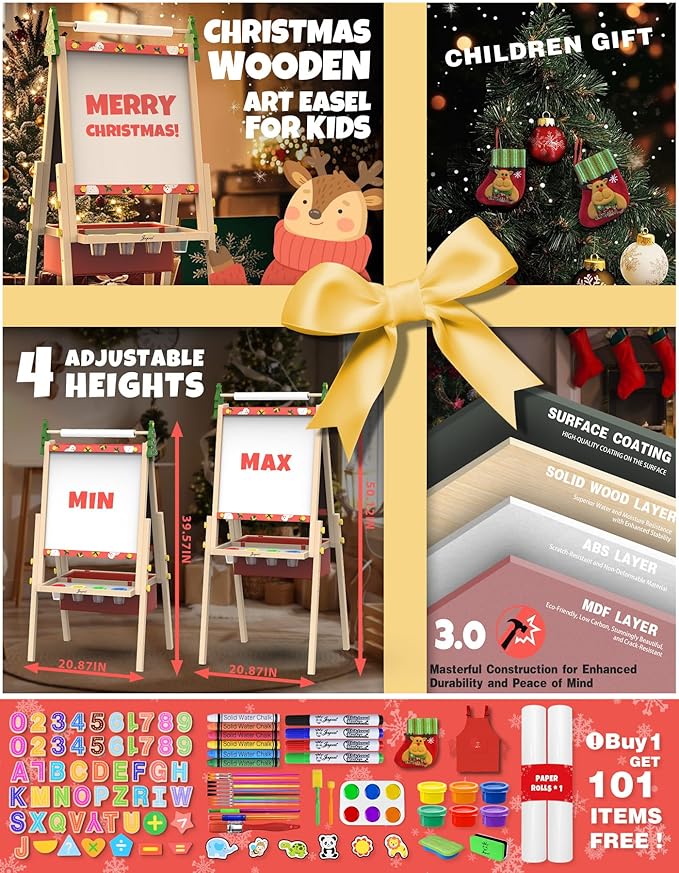 Joyooss Art Easel for Kids Easel for Toddlers, Christmas Gifts for Kids Adjustable Standing Wooden Toddler Easels Kids Dry Erase Board, Art Easel for Kids Age 2-4 4-8 9-12 Drawing Easels Girl Toys