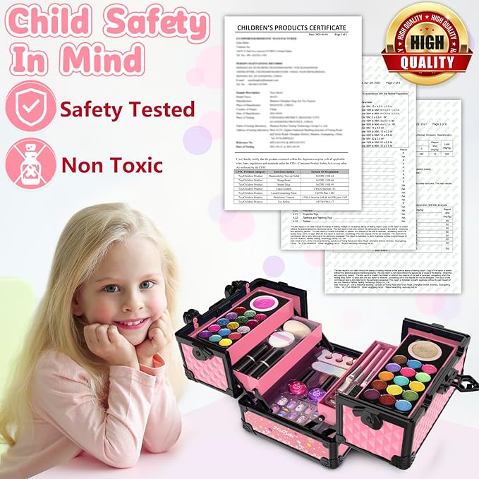 Hollyhi 59Pcs Kids Makeup Kit for Girl, Washable Play Makeup Toys Set for Dress Up, Beauty Vanity Set with Cosmetic Case Birthday Toys for Girls 3 4 5 6 7 8 9 10 11 12 Year Old Kids Toddlers ( Pink )
