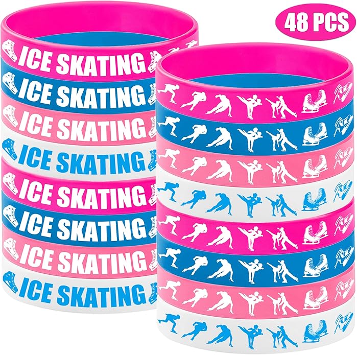 48PCS Ice Skating Silicone Bracelet Party Favors, Ice Skating Rubber Bracelet Party Decorations, Winter Snow Birthday Baby Shower Party Supplies