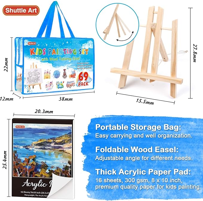 69 Pack Kids Paint Set, Shuttle Art Art Set for Kids with 30 Colors Acrylic Paint, Wood Easel, Canvas, Painting Pad, Brushes, Palette and Smock, Complete Paint Set for Boys and Girls(package may very)