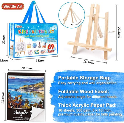 69 Pack Kids Paint Set, Shuttle Art Art Set for Kids with 30 Colors Acrylic Paint, Wood Easel, Canvas, Painting Pad, Brushes, Palette and Smock, Complete Paint Set for Boys and Girls(package may very)