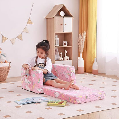 Tiita Kids Chair Couch, Folding Toddler Comfy Sofa Chairs, 2-in-1 Kids Plush Sofa Fold Out, Baby Armrest Chair Sofa to Lounger, Convertible Play Sofas to Bed for Girl or Boy, Pink Rainbow