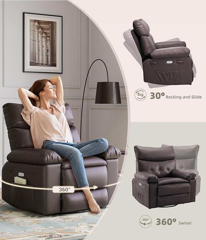 Electric Recliner Chair - 360° Rocker Swivel Recliner with Heat and Massage, PU Leather Large Recliner for Adults, Comfortable Lazy Chair with 1.5X Sponge Filling for Living Room