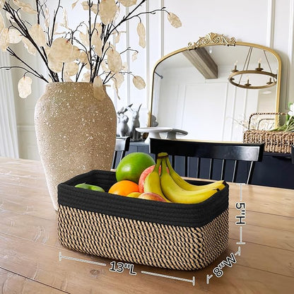 Goodpick Storage Baskets, Shelf Baskets for Organizing Dog Toy Basket Closet Organizer Bins Nursery Woven Basket for Storage Cube Decorative Box 3 Pack, Black & Jute, 13 x 8 x 5 in