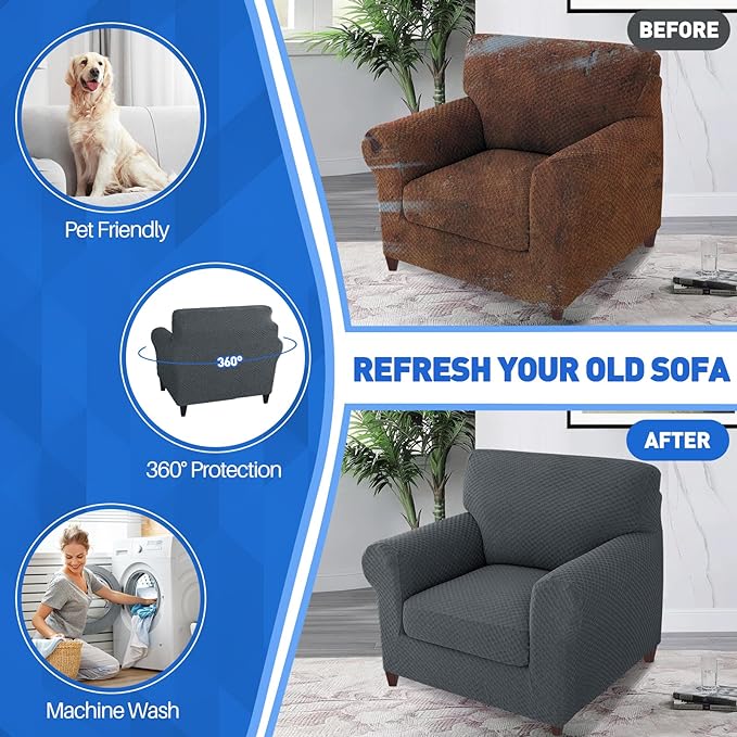 MAXIJIN 2 Piece Jacquard Chair Covers with Arms Super Stretch Non Slip Chair Slipcover for Living Room Dogs Pet Friendly Elastic Sofa Couch Protector Armchair Cover (Chair, Dark Gray)