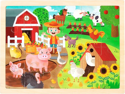 SYNARRY 24 Pieces Puzzles for Kids Ages 3-5, Farm Wooden Jigsaw Puzzles with Storage Tray, Educational Preschool Puzzles Toys Set for Toddler Boys and Girls