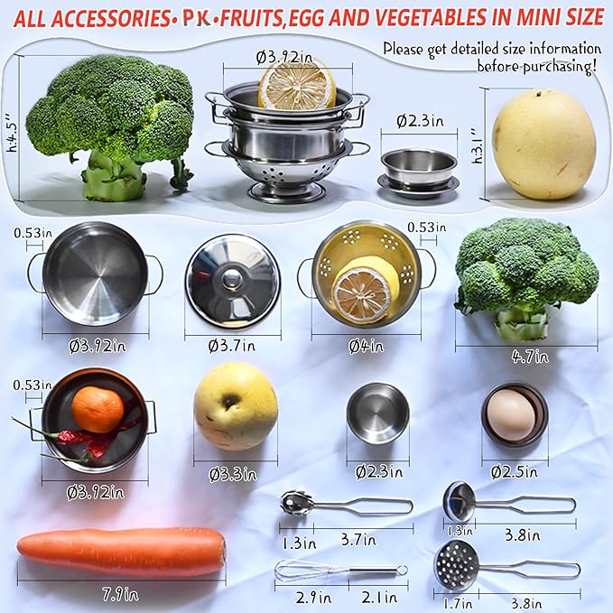 Tiny Size Cooking Pretend Play Kitchen Cooking Toys with Stainless Steel Cookware Play Pots and Pans Set，Cooking Utensils Cookware Kitchen Play Accessories Toys Cooking Pots for Toddlers Kids(Mini)