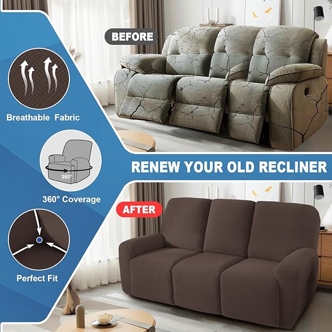 JIVINER 5 Pieces Recliner Sofa Covers Stretch Recliner Sofa Slipcover with Elastic Bottom Jacquard Fitted Reclining 3 Cushion Couch Cover Furniture Protector with Pockets (3 Seater, Coffee)