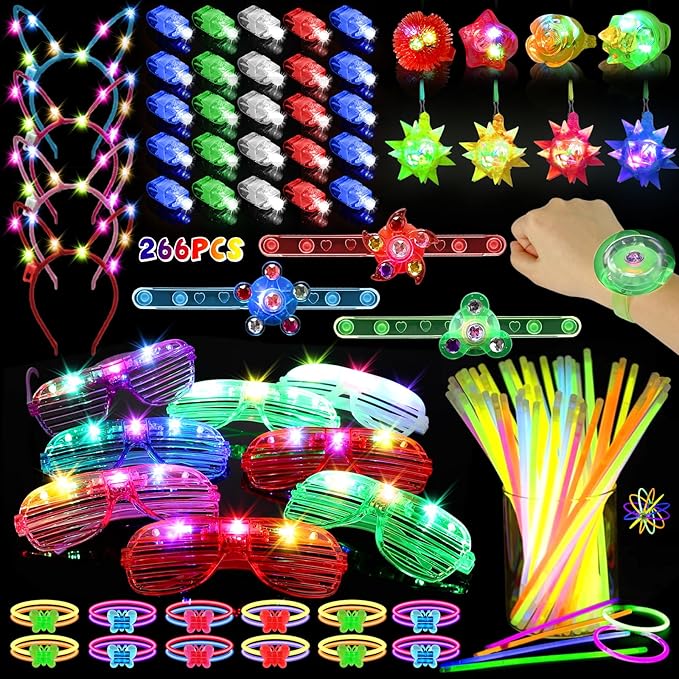 266PCS Glow in the Dark Party Supplies for Kids Adults, Light Up Party Favors LED Glasses, Headband,Rings,Finger Light,Bracelets,Meteor Necklaces,100 Glow Sticks Bulk DIY Necklaces Neon Party Supplies