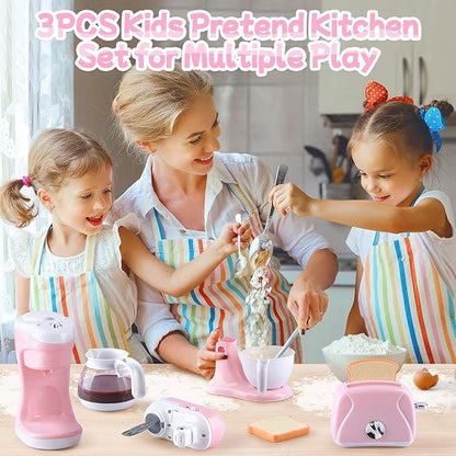 Kitchen Appliances Toys, Kids Play Kitchen Accessories Set, Pretend Kitchen Toys for Kids Ages 4-8, Coffee Maker, Mixer, Toaster with Realistic Lights & Sounds, Gift for Girls Ages 3+