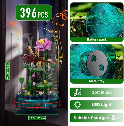 Mould King Insect Building Block Set, Creative Dragonfly Bug Kits Toys with Music Display Box, Collection Flower DIY Office Home Decor for Adutls Kids Girls 8+, 10106