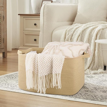 OIASKET Large Blanket Basket, Jute Blanket Storage Living Room, Rectangle Woven Baskets for Storage Toys, Towels, Dirty Clothes Organizer Bins (Jute) (Pack of 2)