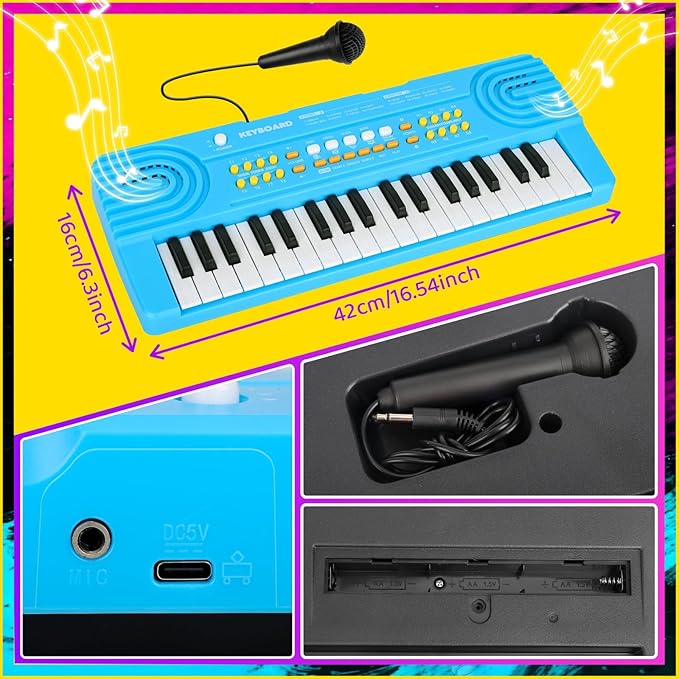 Upgraded 37 Key Keyboard Piano Kids Toy for Toddlers Electric Pianos with Microphone Music Toys for 3 4 5 6 7 Year Old Girls Boys Birthday Gifts (Blue)