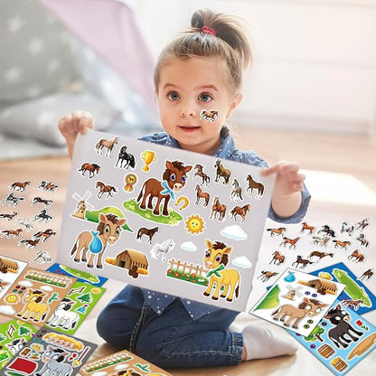 113 PCS Horse Party Favors Set, 41 Horse Stickers, 12 Goodie Bags,12 Button Badges, 12 Keychains, 12mini notepads,12 rubber bracelets for Cowboy Cowgirl Animal Horse Birthday Party Supplies (Blue)