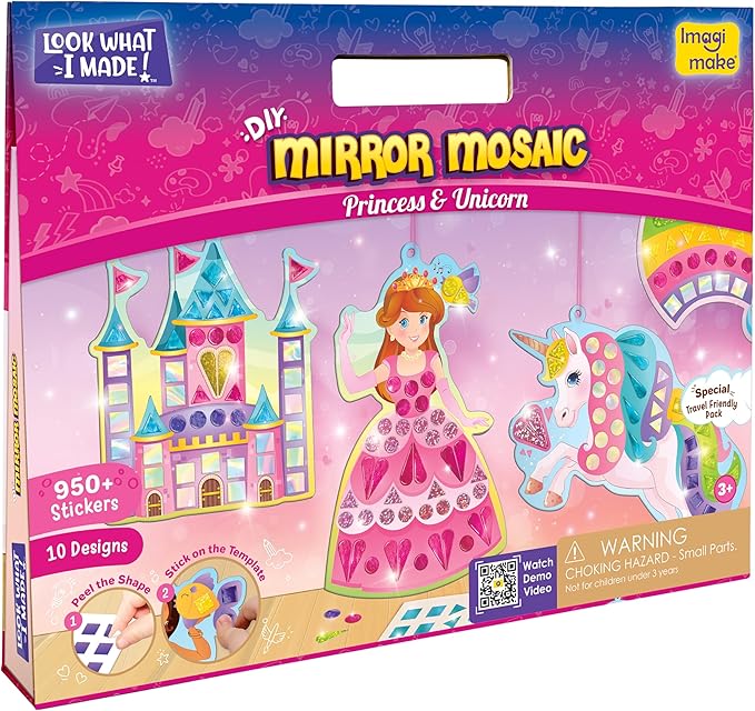 Imagimake Mirror Mosaic Princess & Unicorn Kids Art Set | DIY Craft Kit | Foil Stickers for Kids | Birthday Gift for Girls and Boys Ages 3,4,5,6,7,8 | 3 Year Old Girl Gifts