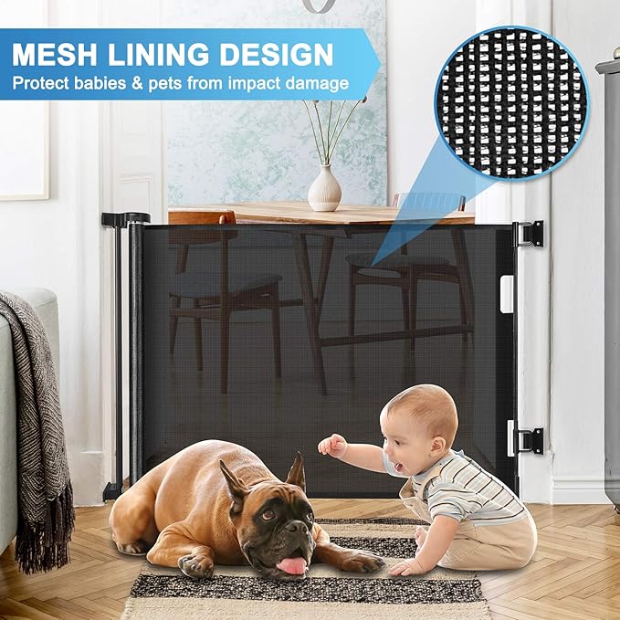 56 Inch Retractable Baby Gates for Doorways Retractable Dog Gate Outdoor Gates for Decks Indoor Long Baby Gate Retractable Pet Gate Mesh Gates for Kids or Pets Child Gate for Stairs, Porches, Black