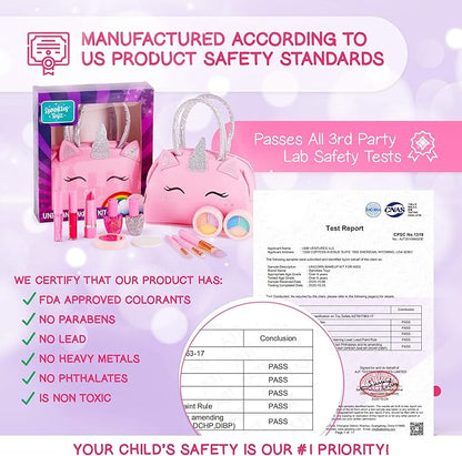 Kids Real Makeup Kit for Girls with Pink Unicorn Purse - Non-Toxic Washable Make Up Toy - Valentines Day Gift for Kids Toddlers Young Children Ages 3 4 5 6 7 8 9 10 Years Old - Pretend Play Vanity Set