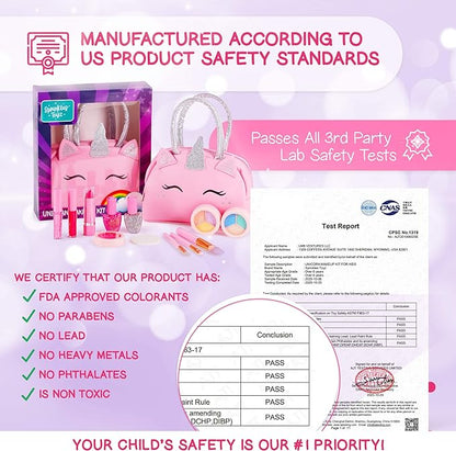 Kids Real Makeup Kit for Girls with Pink Unicorn Purse - Non-Toxic Washable Make Up Toy - Valentines Day Gift for Kids Toddlers Young Children Ages 3 4 5 6 7 8 9 10 Years Old - Pretend Play Vanity Set