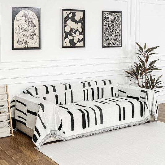 MYSKY HOME Sofa Covers for Sectional Sofa, Couch Cover for Dogs, Couch Covers with Tassel Loveseat Covers Futon Cover L Shaped Cover Washable Chenille Couch Protector, 71" x 102", Black Piano Key