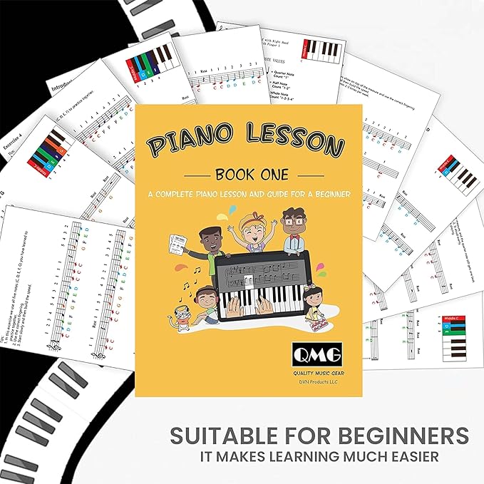 QMG Color Piano and Keyboard Stickers and Complete Color Note Piano Music Lesson and Guide Book for Kids and Beginners; Designed and Printed in USA