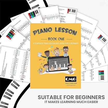 QMG Color Piano and Keyboard Stickers and Complete Color Note Piano Music Lesson and Guide Book for Kids and Beginners; Designed and Printed in USA