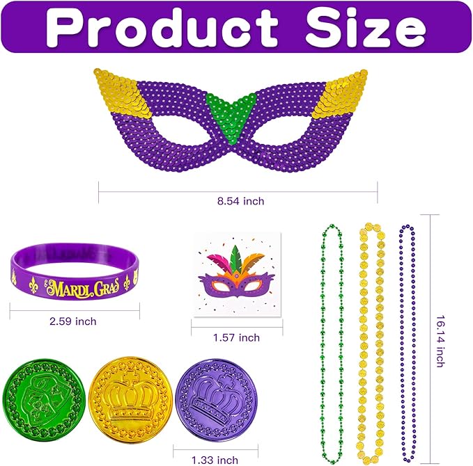 MGparty 216 PCS Mardi Gras Accessories - Masks Beads Necklaces Coins Tattoos Bracelets Carnival Parade Masquerade Party Decorations Supplies