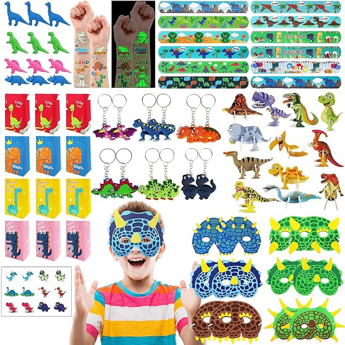 Leesgel Dinosaur Party Favors for Kids, 96pcs Dinosaur Birthday Party Goodie Bags with Masks/Tattoos/Slap Bracelets, Dinosaur Toys for Birthday Gifts Games Fillers Party Supplies
