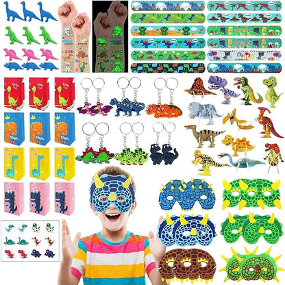 Leesgel Dinosaur Party Favors for Kids, 96pcs Dinosaur Birthday Party Goodie Bags with Masks/Tattoos/Slap Bracelets, Dinosaur Toys for Birthday Gifts Games Fillers Party Supplies