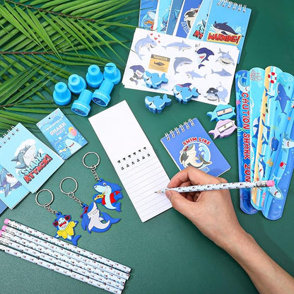 Colarr 161 Pcs Shark Party Favor Shark School Stationery Set Includes Gift Cup Notebook Pencil Sharpener Eraser Keychain Stamp Slap Bracelet Sticker Card for Shark Birthday Supplies