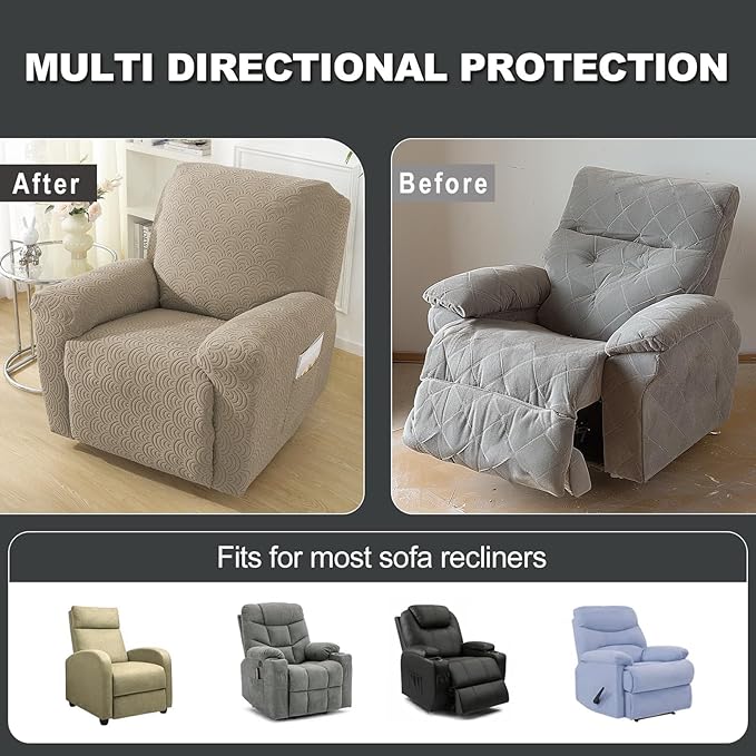 NORTHERN BROTHERS Oversized Recliner Chair Covers - Large Recliner Cover That Stay in Place 4 Piece, Jacquard Lazy Boy Recliner Chair Covers 1 Seater, Khaki