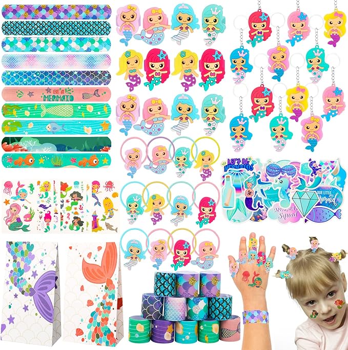 102Pcs Mermaid Party Favors Mermaid Bags Mermaid Slap Bracelets Rings Keychain Mermaid Hair Rings Temporary Tattoos Stickers for Kids Birthday Party Supplies Mermaid Goodie Bag Fillers