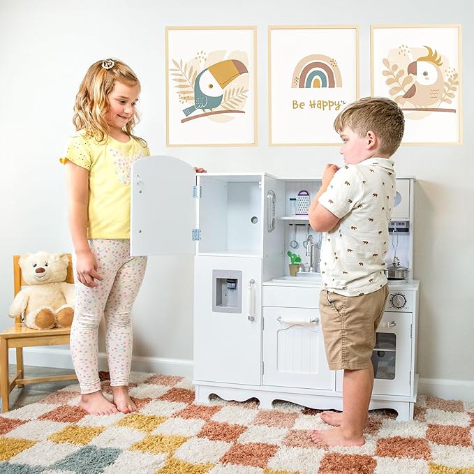 Sunnydaze Chef Sounds Interactive Play Kitchen for Kids - Wooden Kitchen Playset with Lights, Sounds, and Accessories - White