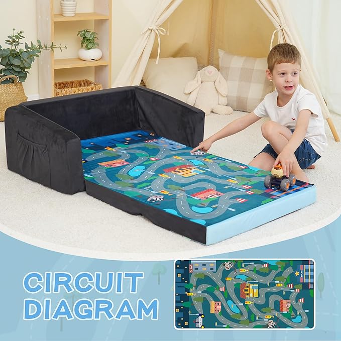 MallBest Kids Sofas, Extra Wide Toddler Couch Bed - 2 in 1 Baby Convertible Foam Chair to Lounger,Toddler Couch for Boys and Girls,Black/Police Car