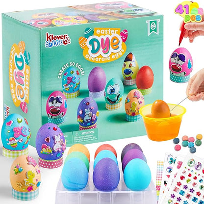 Klever 41 Pcs Easter Egg Decorating DIY Kit with Dye Tablets and Easter Stickers, Coloring Dyeing Set for Kids Theme Party, Egg Hunt Creativity Activity