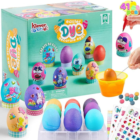 Klever 41 Pcs Easter Egg Decorating DIY Kit with Dye Tablets and Easter Stickers, Coloring Dyeing Set for Kids Theme Party, Egg Hunt Creativity Activity