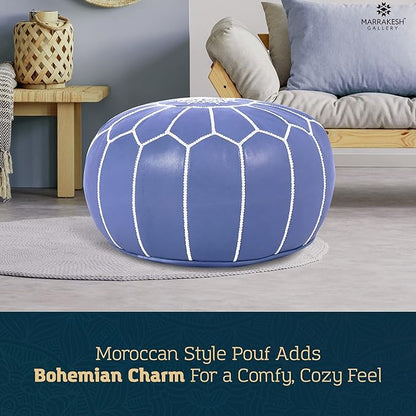 Genuine Leather Round Pouf Cover - Handmade Moroccan Ottoman Footstool, Unstuffed Footrest Under Desk - Boho Decor - Bohemian Living Room, Bedroom, Kids Room - Housewarming Gift & Wedding