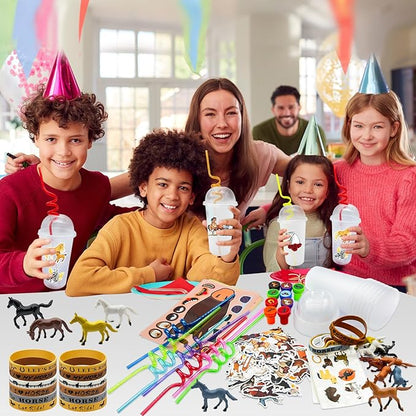 122 Pcs Horse Party Favors, Farmhouse Pony Party Supplies with Cup Straw Tattoo Sticker Goodie Bags Fillers Treat Bag Gifts Classroom Rewards for Cowboy Pinatas Western Horses Birthday Party(Horse)