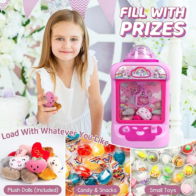 Marlrin Claw Machine for Kids, Mini Vending Machine Girls Unicorn Toys, Candy Grabber Prize Dispenser with Sound & 20 Mini Plush Toys, Electronic Arcade Game Indoor Toy for Home Party Birthday Gifts