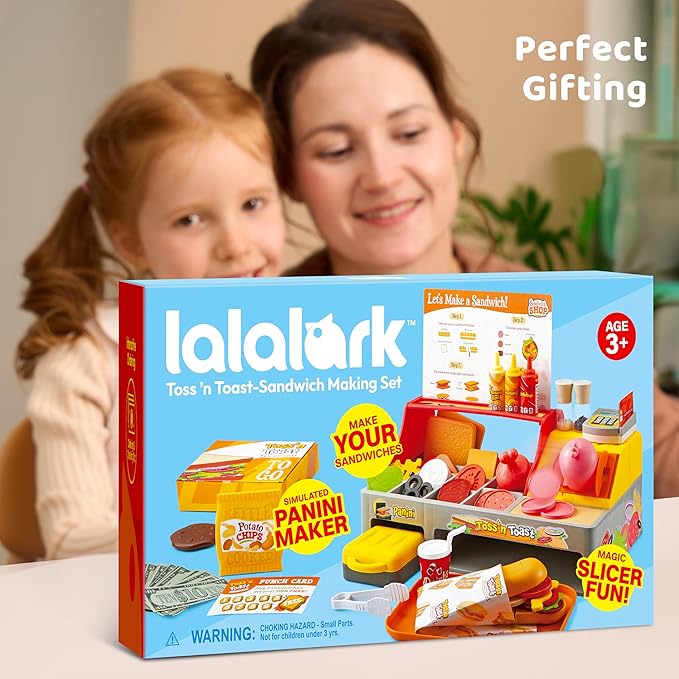 Play Kitchen Food Toy - 40 PCS Toss ‘n Toast Sandwich Making Set with Magic Slicer, Menu Guide and Panini Toy - Interactive Order & Takeout & Checkout Fun for Girls Boys Toddlers