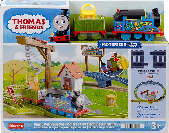 Thomas & Friends Motorized Toy Train Set Paint Delivery with Thomas & Troublesome Truck for Pretend Play Preschool Kids Ages 3+ Years