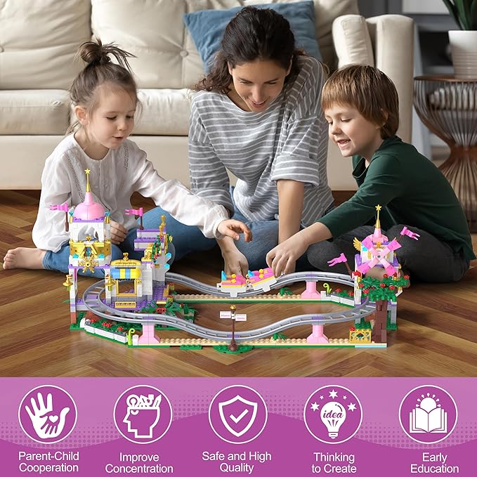 Castle Roller Coaster Building Set – 738Pcs STEM Amusement Park Construction Kit for Kids, Creative Pink Playground Blocks Birthday for Girls Boys Ages 6-12