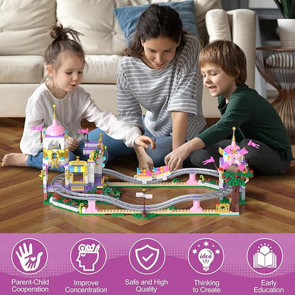 Castle Roller Coaster Building Set – 738Pcs STEM Amusement Park Construction Kit for Kids, Creative Pink Playground Blocks Birthday for Girls Boys Ages 6-12