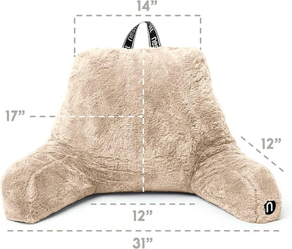Nestl Fur Reading Pillow, Stylish Back Pillow for Bed Sitting Up, Faux Fur Bed Chair Pillow with Arms, Reading Pillows for Sitting in Bed Adult & Kids, Sit Up Back Support Pillow for Bed Rest - Linen