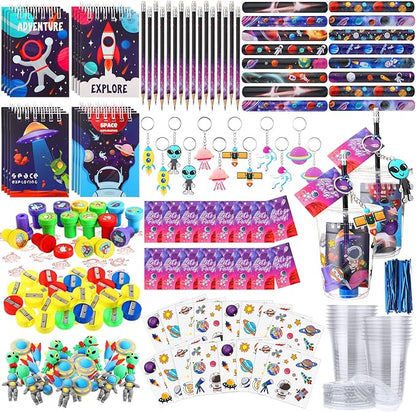 Colarr 161 Pcs Space Party Favor Space School Stationery Set Includes Gift Cup Notebook Pencil Sharpener Eraser Keychain Stamp Slap Bracelet Sticker Card for Space Birthday Supplies
