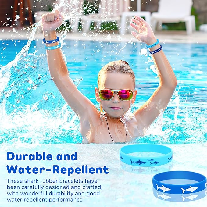 JUNEBRUSHS Shark Party Favors, 42pcs Ocean Sea Life Shark Silicone Bracelets Rubber Wristbands for Baby Shower Under The Sea Themed Kids Birthday Party Gift Decorations Supplies