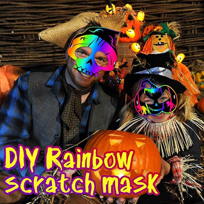 JMUQ Halloween Crafts Scratch Mask for Kids, 36Pcs Halloween Games Scratch Art Craft Kit Rainbow Scratch Paper for Halloween Party Favors Supplies Classroom Favors Halloween Activities