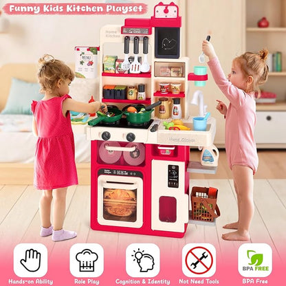 Kids Kitchen Playset, Easface Play Kitchen for Toddlers 1-3 with Sound and Light, Cooking Stove with Steam, Play Sink and Toy Kitchen Accessories Pretend Kitchen Toys for Girls Boys 3-5 (Red)